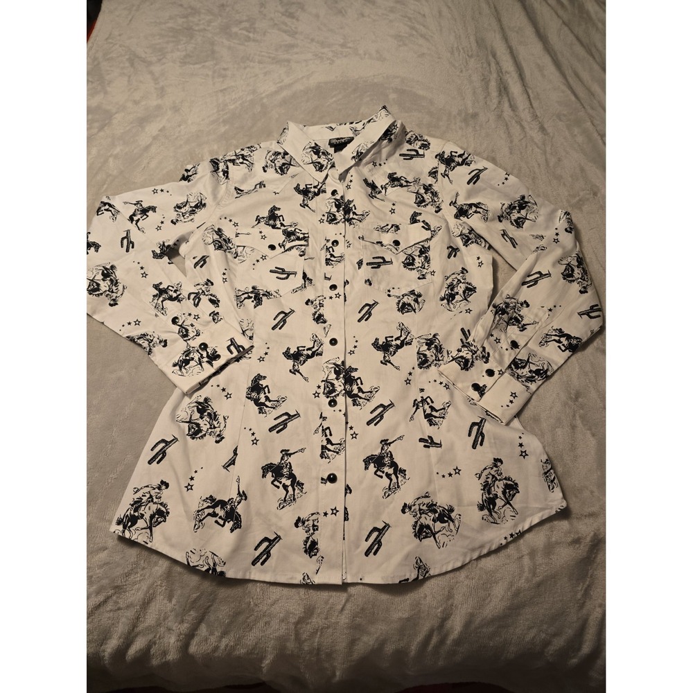 Wrangler Retro Western Pearl Snap Cowgirl Shirt Womens Med White Black 112330046